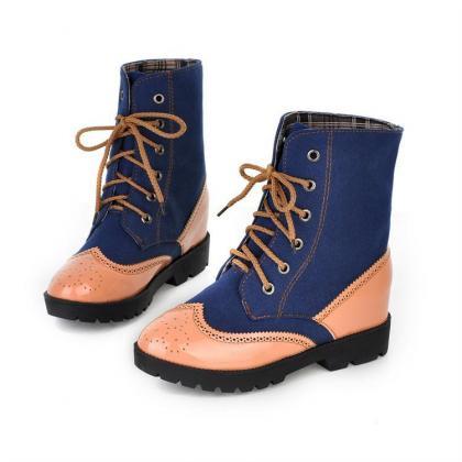 Patchwork Lace Up Round Toe Flat Short Boots