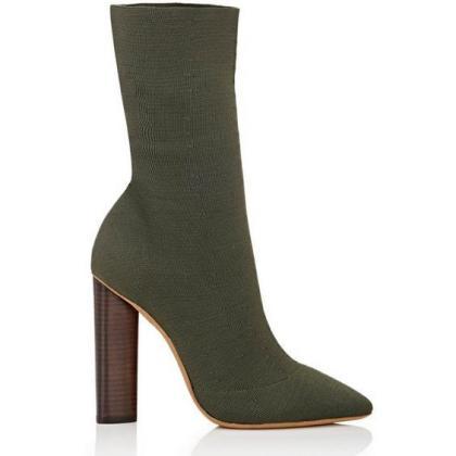 Faux Suede Pointed-toe Chunky Heel Mid-calf Sock..