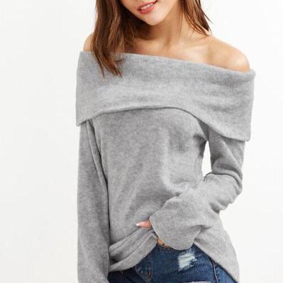 Off Shoulder Curled Loose Pullover Sweater