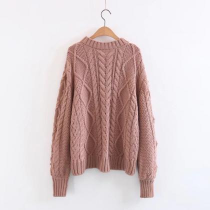 Cable Lantern Sleeves Loose Long Pullover Sweater