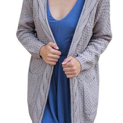 Cable Pockets Solid Color Long Cardigan