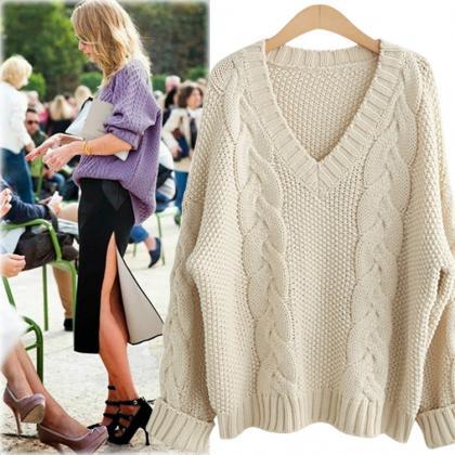 Cable Knitted Plunge V Long Folded Sleeves Sweater