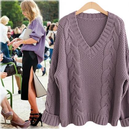 Cable Knitted Plunge V Long Folded Sleeves Sweater