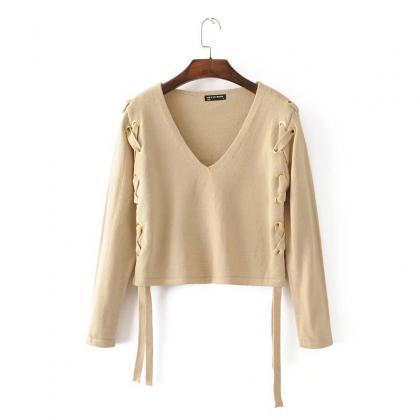 Pure Color Long Sleeves V-neck Short Sweater