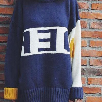 Letter Print Patchwork Loose Knitwear Sweater