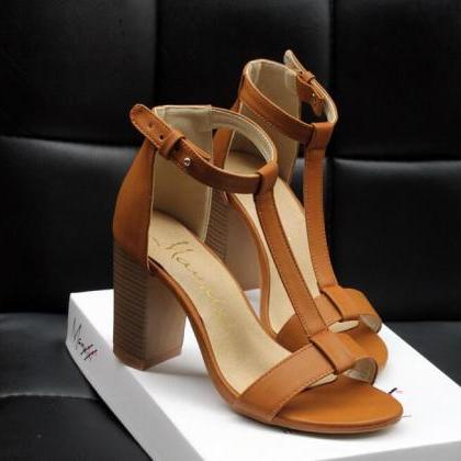 Open Toe Ankle Wrap Solid Color High Chunky Heels..