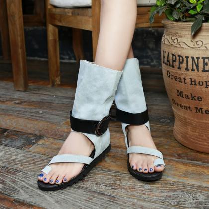 Hasp Denim Slip-on Cut Out Half Boot Flat Sandals