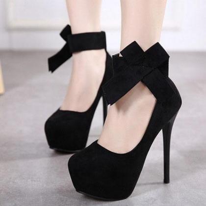 Ankle Bowknot Strap Round Toe Low Cut Stiletto..