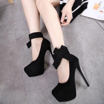 Ankle Bowknot Strap Round Toe Low Cut Stiletto..