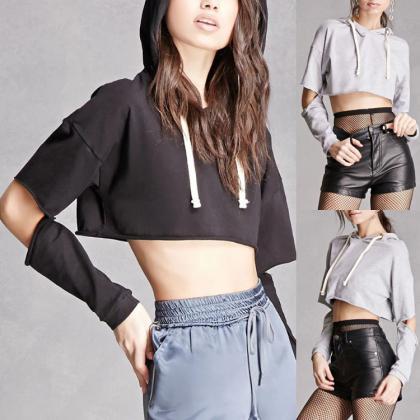 Hooded Cropped Pullover Featuring Cutout Sleeves
