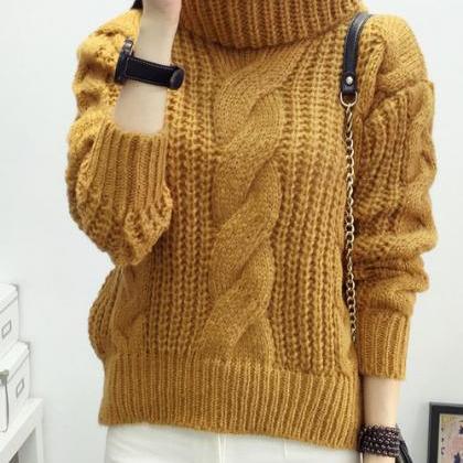 High Neck Candy Color Cable Knit Pullover Sweater