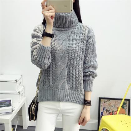High Neck Candy Color Cable Knit Pullover Sweater