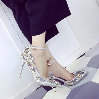 Flowers Pointed Toe Low Cut Ankle Wrap Stiletto..