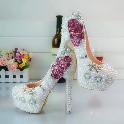 Crystal Beads Round Toe Low Cut Stiletto High..