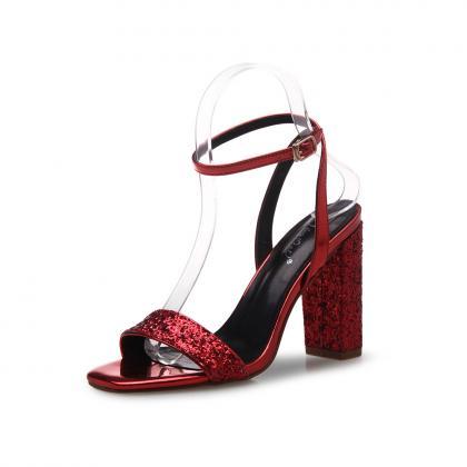 Square Open-toe Sequined Ankle Strap Chunky Heels,..