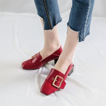 Hasp Square Toe Low Chunky Heel Low Cut Casual..