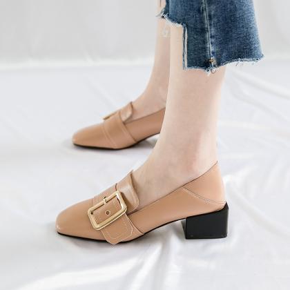 Hasp Square Toe Low Chunky Heel Low Cut Casual..