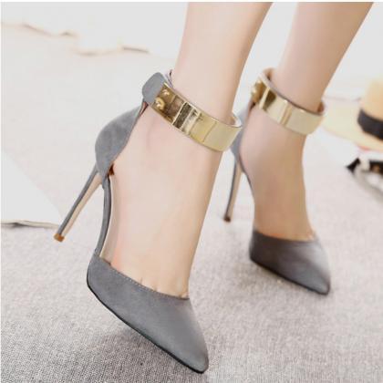 Pointed Toe Stiletto Pumps With Metallic Ankle..