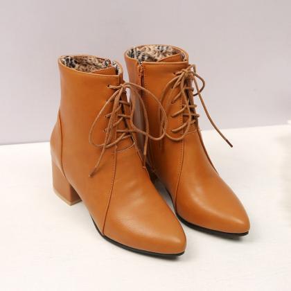 Pu Pure Color Chunky Heel Pionted Toe Lace-up..