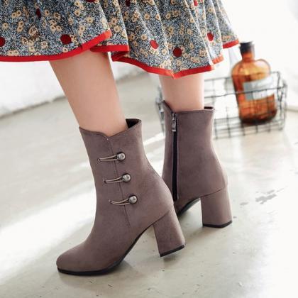 Suede Pure Color Chunky Heel Round Toe Zipepr..