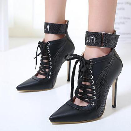 Pure Color Pu Stiletto Heel Pionted Toe Lace-up..