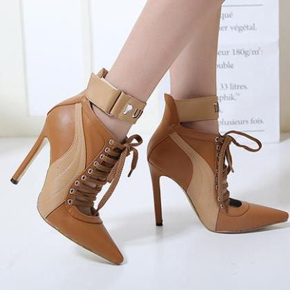 Pure Color Pu Stiletto Heel Pionted Toe Lace-up..