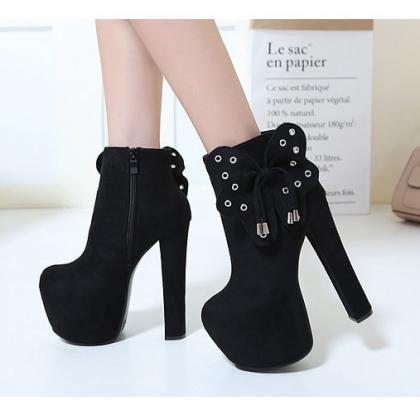 Suede Pure Color Zipper Chunky Heel Round Toe High..
