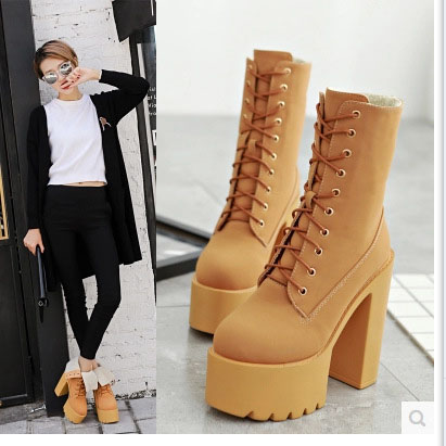 Pu Lace-up Pure Color Chunky Heel Round Toe High..