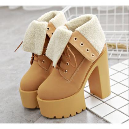 Pu Lace-up Pure Color Chunky Heel Round Toe High..