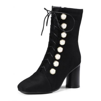 Suede Zipper Pure Color Rivets Chunky Heel Square..