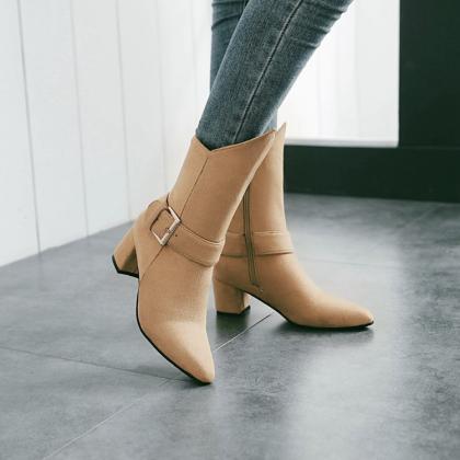 Suede Pure Color Chunky Heel Pionted Toe High..