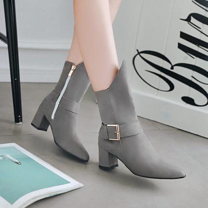 Suede Pure Color Chunky Heel Pionted Toe High..