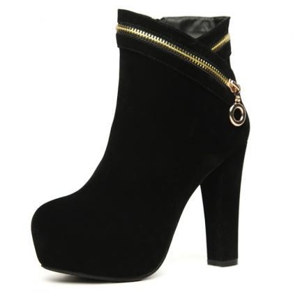 Suede Pure Color Zipperchunky Heel Rointed Toe..