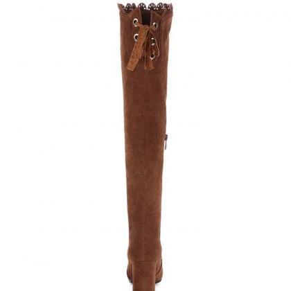 Suede Chunky Heel Knee-high Boots With Lace..