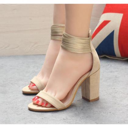 Suede Pure Color Chunky Heel Peep-toe Ankle Strap..