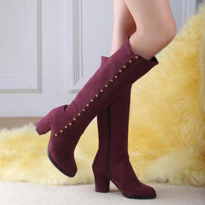 Chunky Heel Suede Pure Color Round Toe Long Boots
