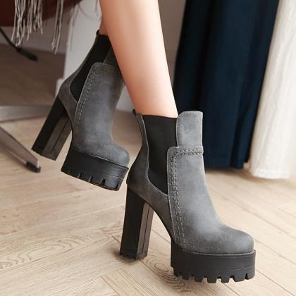 Pu Chunky Heel Pure Color Round Toe Short Boots
