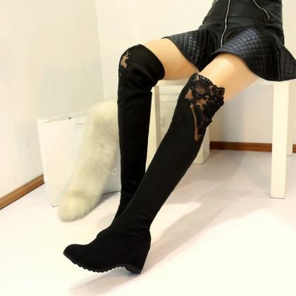 Suede Pure Color Slope Heel Round Toe Long Boots