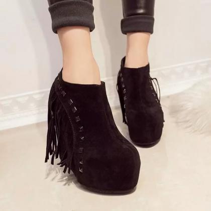Pu Pure Color Slope Heel Round Toe Short Boots