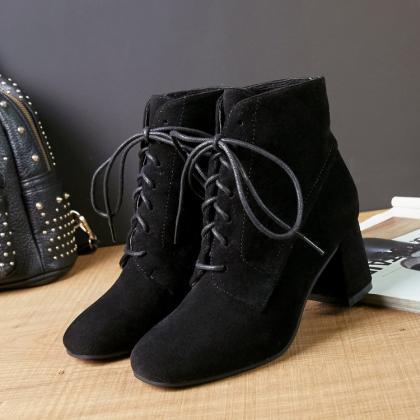 Square Toe Suede Lace-up Chunky Heel Ankle Boots