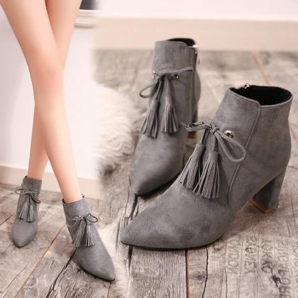 Pointed Toe Chunky High Heel Suede Boots With..