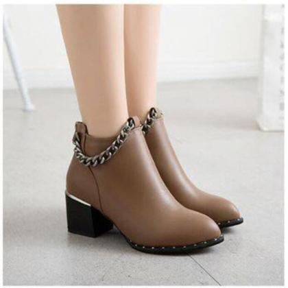 Pu Pure Color Chunky Heel Pionted Toe Short Boots