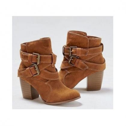 Pure Color Suede Chunky Heel Round Toe Short Boots