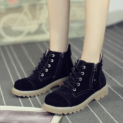 Suede Pure Color Chunky Heel Round Toe Lace-up..
