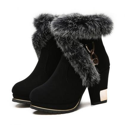 Chunky Heel Suede Pure Color Pointed Toe High..