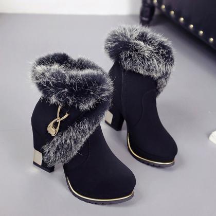Chunky Heel Suede Pure Color Pointed Toe High..