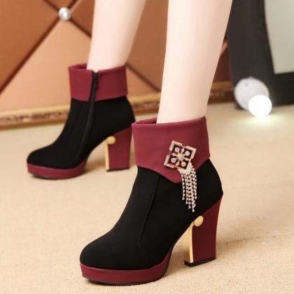 Suede Patchwork Zipper Chunky Heel Round Toe High..