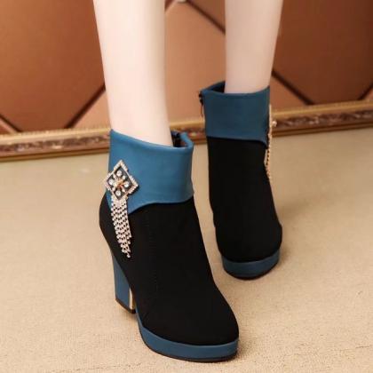 Suede Patchwork Zipper Chunky Heel Round Toe High..