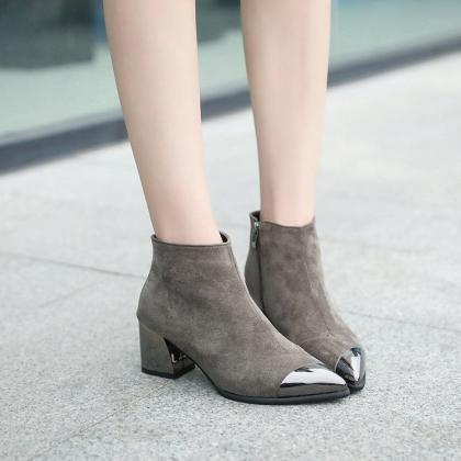 Faux Suede Pointed-toe Chunky Heel Ankle Boots..