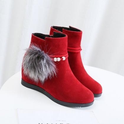 Suede Pure Color Slope Heel Round Toe Short Boots
